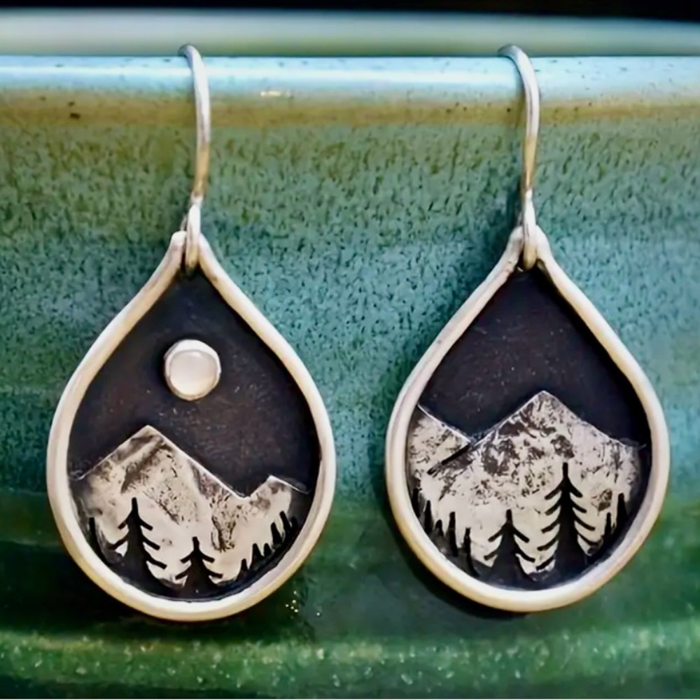 Moon & Mountain Scene Silver Tone Tear Drop Earrings